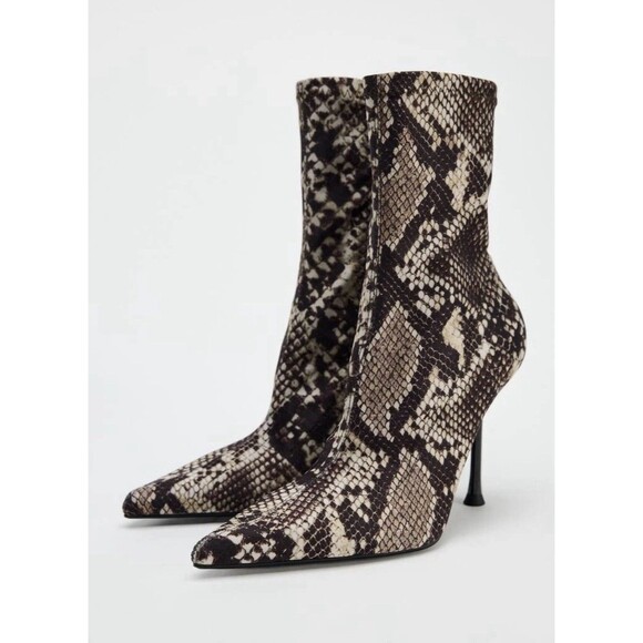 ZARA Women Boots Animal Snake Skin Heeled Pointed Toe Brown US 7.5 EUR 38 - Picture 1 of 13
